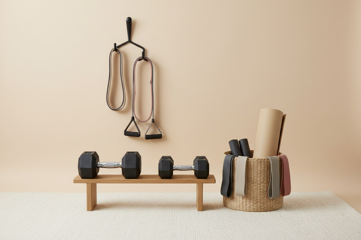 Clean background, dumbells/resistant bands/minimal gym setup, neutral/beige/black or soft colors,no people, 